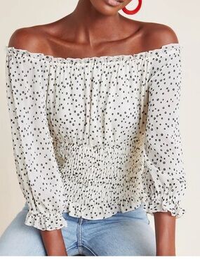 Anthropologie Lucia Off-The-Shoulder Blouse ivory and black polka dot Size M